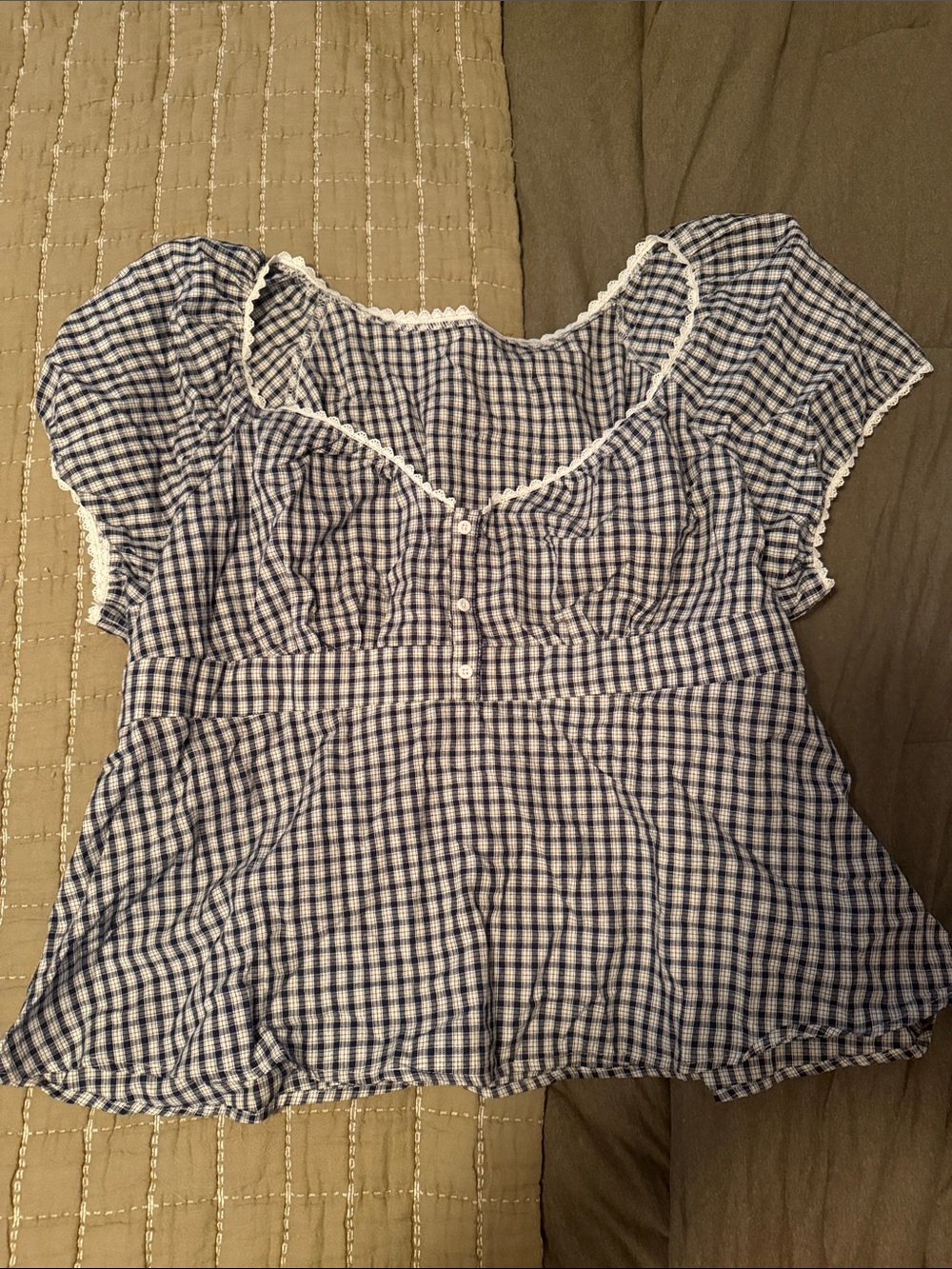 Gingham Short-Sleeve Peasant Blouse